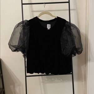 Maeve Anthropologie Black Velvet Top with Sheer Puff Sleeves